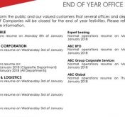 ABC GROUP END OF YEAR OFFICE HOURS 